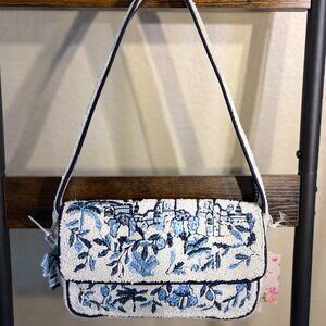 Viral White and Blue Palm Beaded Bag Made in India NWT